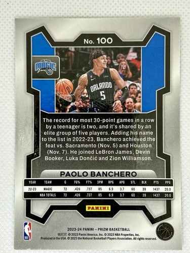 2023-24 Panini Prizm Paolo Banchero #100 Orlando Magic - Picture 2 of 2