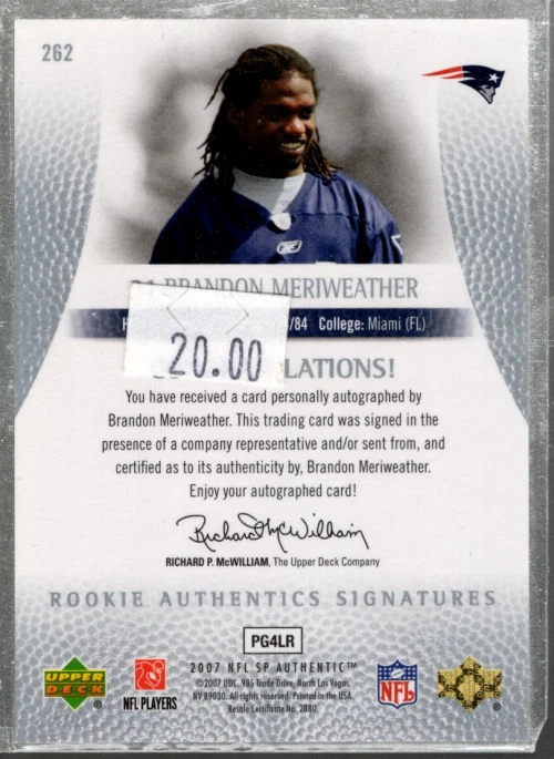 B0364- 2007 SP Authentic #262 Brandon Meriweather RC Auto /399 - NM-MT - Image 2 of 2