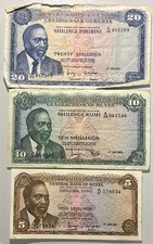 KENYA 1971 5 & 20 Shilingi, 1969 10 Shilingi 3 Banknotes
