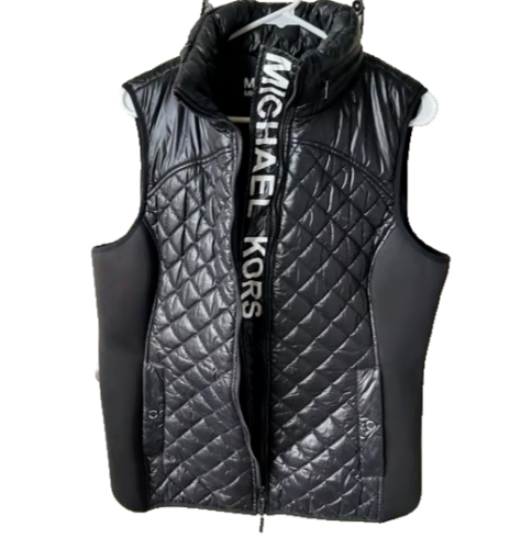 MICHAEL KORS Max Media Insulated Quilted Zip Vest Hooded Black White Logo Size L - Picture 2 of 5