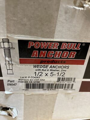 New Lot Of 125 Power Bull Anchor Wedge Anchors 1/2 X 5-1/2 Part 09047 Zinc  