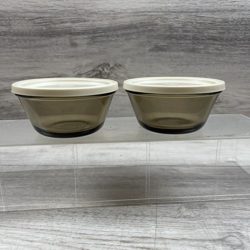 2 Vintage Smoke Brown Custard Cups 1034 Dessert Bowls 6 oz With Lids