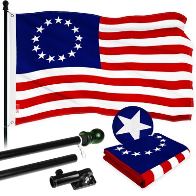 NEW G128 Betsy Ross Flag & Flagpole, 6FT Black Pole and 3x5FT Embroidered Flag