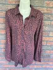 Leopard Print Blouse Medium Long Sleeve Top Collared Shirt Soft Red Animal Print