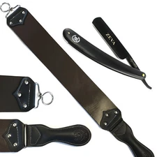 ZEVA BLACK STRAIGHT EDGE RAZOR WITH EXTRA WIDE RAW COWHIDE LEATHER STROP/STRAP