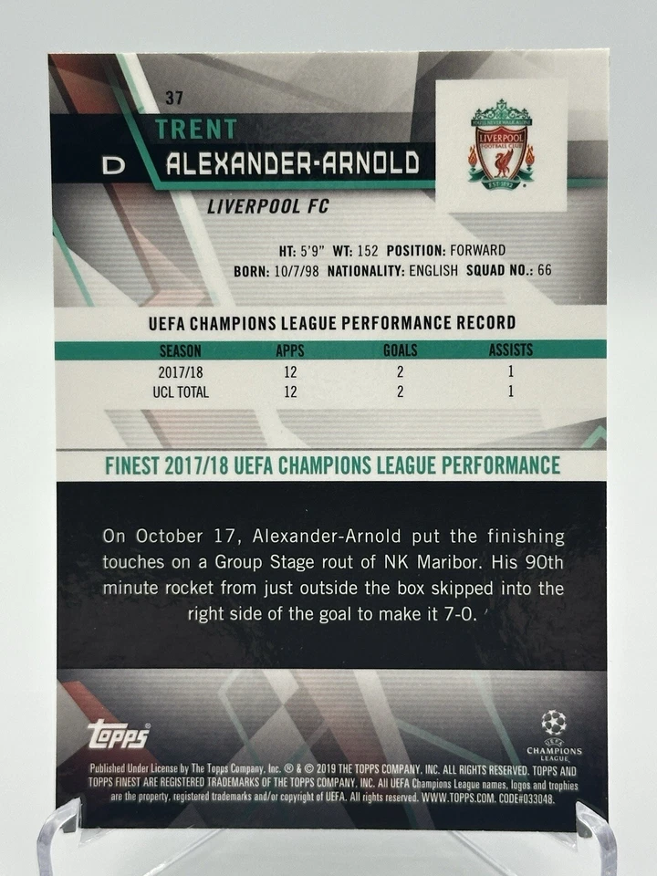 2018-19 Topps Finest UEFA UCL Trent Alexander-Arnold Silver Refractor - Image 2 of 2