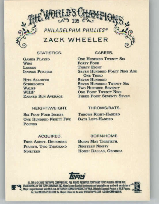 2020 Topps Allen and Ginter Chrome Refractors #295 Zack Wheeler (ref 159378) - Image 2 of 2