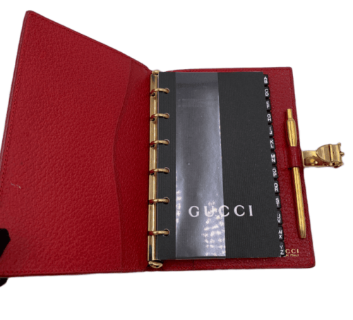 Authentic GUCCI Red Leather Bifold Agenda Diary Case Folder Wallet Purse Pen
