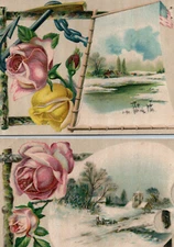 C1890s LOT Victorian Pink Rose Winter Landscape Flag Anchor Birthday Trade Card