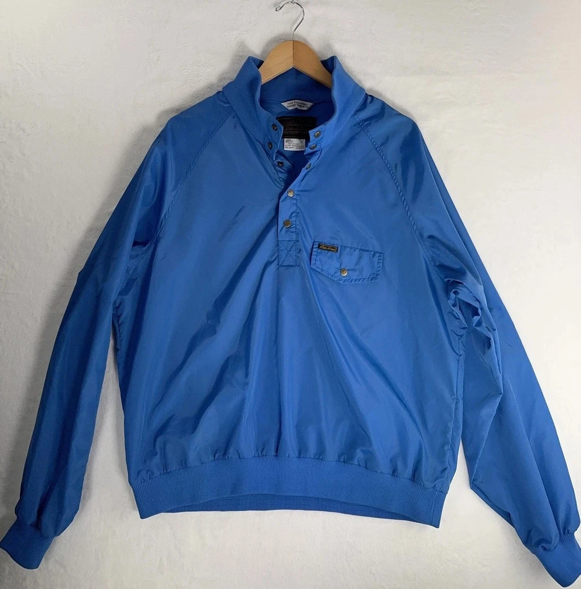 Eddie Bauer Jacket Mens Large Blue Nylon Snap Pullover Windbreaker Elastic Hem