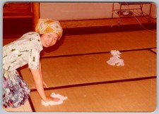 Vtg Color Snapshot Woman Cleaning Tatami Floor Headscarf Patterned Top 1970s
