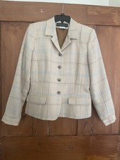 Vintage Harve Bernard Ivory Tan Beige Blue Tweed Plaid Wool Blazer Size 6
