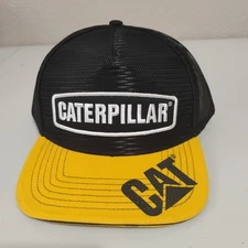 CAT Full Mesh Caterpillar Yellow Black Mesh Flat Brim Snapback Trucker Hat 
