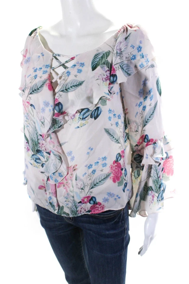 Blusa Top Parker Mujer Fuera del Hombro Manga Larga Floral Volantes Rosa Azul XS Foto 2 de 4
