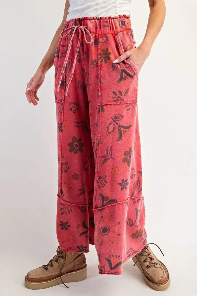 EASEL Red Mineral wash Floral Lounge Pant