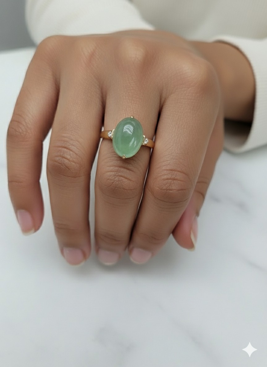 14k Solid Gold Cabochon Jade Ring Size 7 - image 4