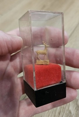Extremely Small (less than 1'') Hand Carved Wooden Deer Buck in Case - DAMAGED