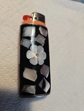 Vtg Lighter Case MOP Flower Black Abalone Shell Western Cover Holder fits Bic 
