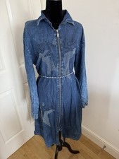Korjan Denim Dress EU 52 UK 24 Blue Zip Front Shirt Dress Star Stud Belted