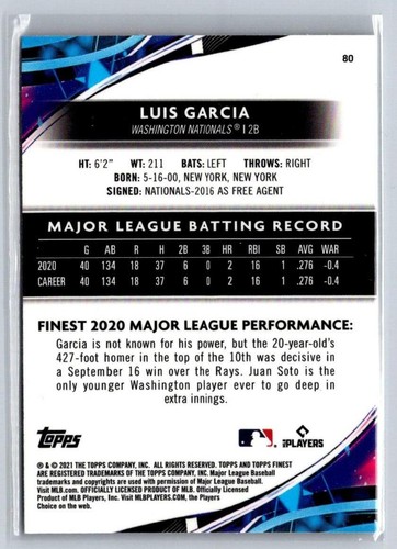 Finest #80 2021 Luis García novato Washington Nationals - Imagen 2 de 2