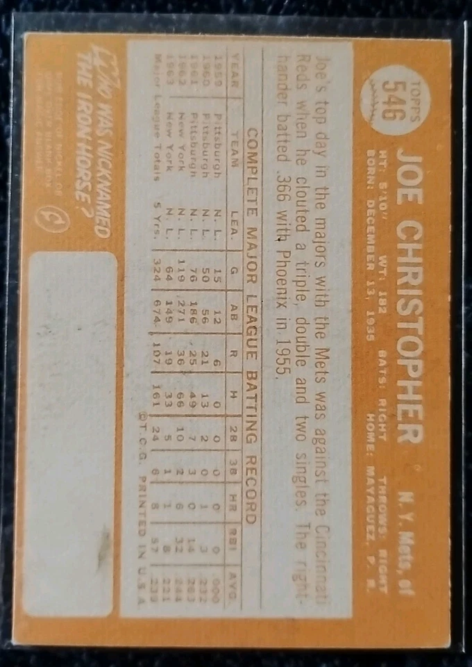 1964 Topps Baseball High # - #546 Joe Christopher - New York Mets Ex Condition  - Image 2 of 2