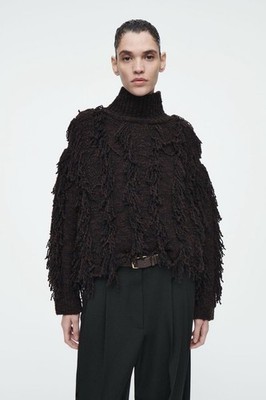 COS Fringed Wool Jumper Women Turtleneck Black Chocolate VGC Size XS/S