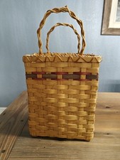Artisan Signed Hand Made Wicker Weave Basket w/Handles Sack Bag Design 1997 Vtg