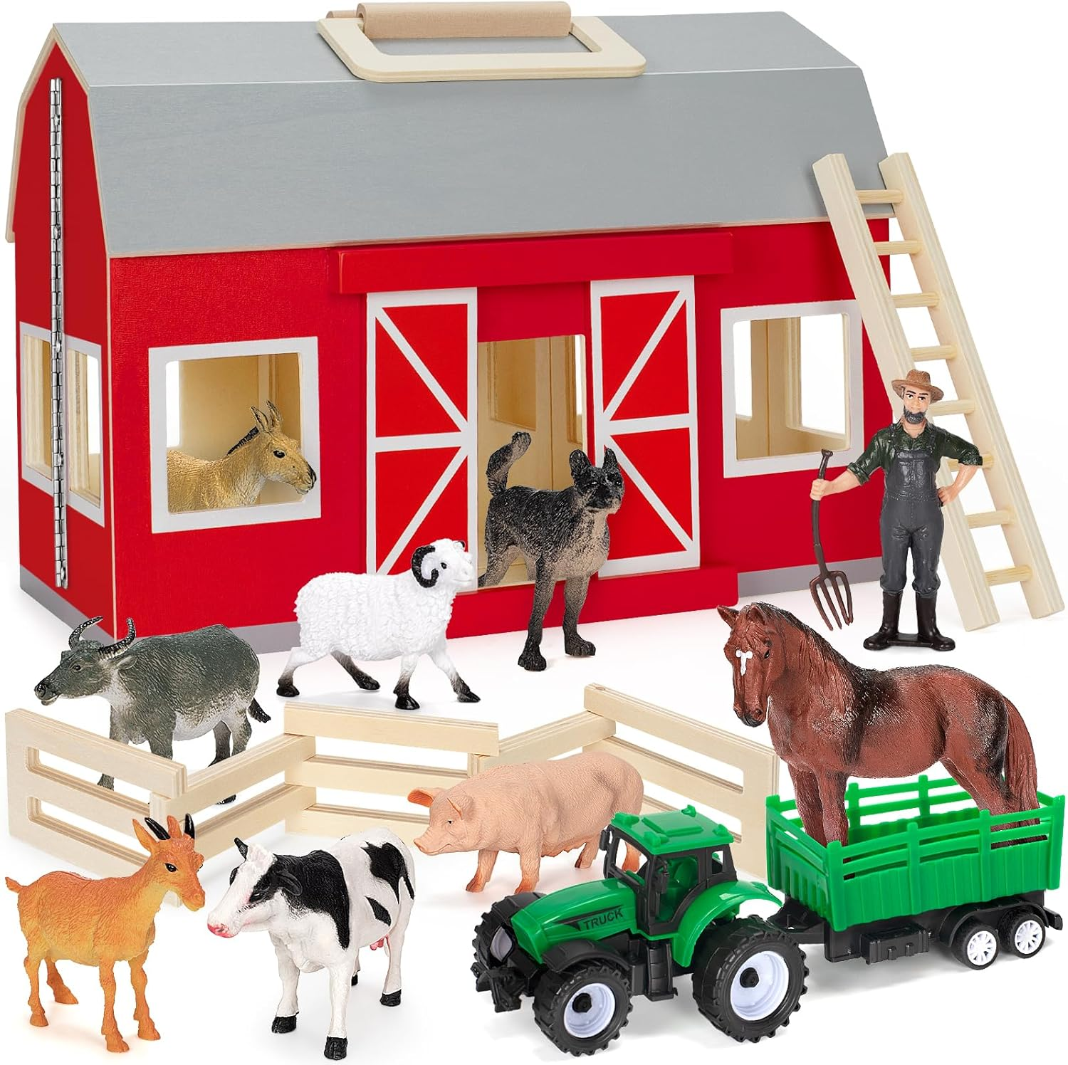 Farm Animal Toys for Toddlers Ages 3+ with Large Wooden Barn & Animals