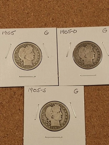 1905-P, 1905-O, 1905-S Silver Barber Quarters, All Good Condition