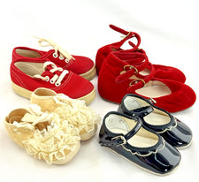 4 pair Lot Vintage Baby Infant Shoes Crib Shoes Lace Tennis Dress Black Red