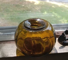 PRETTY AMBER RIBBED PATTERN MOLD BLOWN INKWELL PONTILED REPRO COPY FLARED LIP