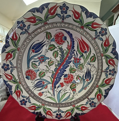 Vintage Altın Çini Kütahya Turkish 14'' İznik Ceramic Wall Charger Signed Duleh