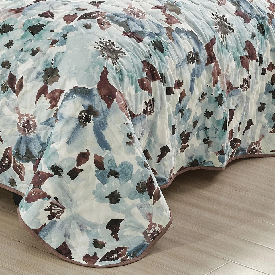 Комплект из 3 предметов Nalla цветочный синий покрывало королевский размер акварель цветок лоскутное одеяло - Изображение 4 из 4