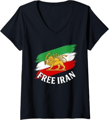 Free Iran Iranian Flag Lion Support People Help Ladies' V-Neck Tshirt