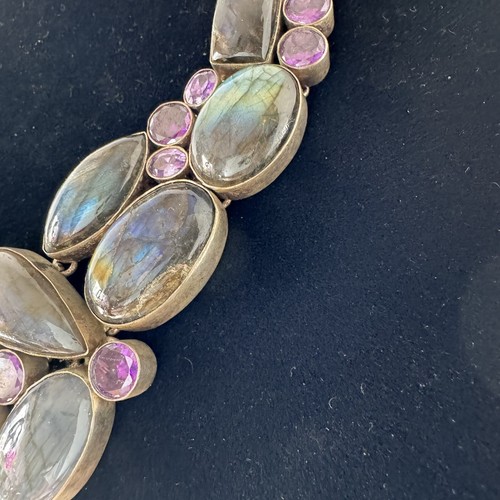 Labradorite & Amethyst Rhinestone Statement Necklace – Bold Silver-Tone Chain - Picture 7 of 15