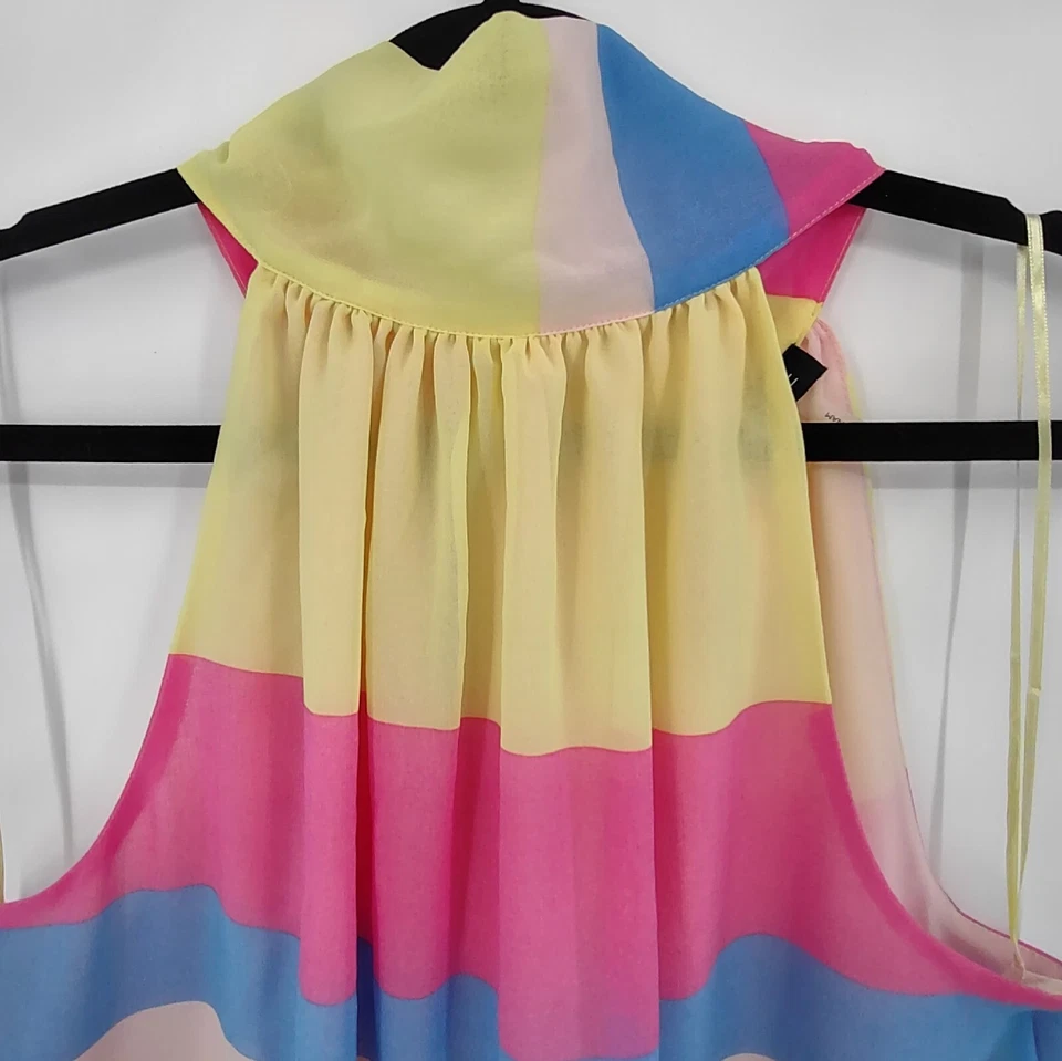 1 State Top Feminino Grande Multicolorido Listrado Chiffon Laço Traseiro Fechadura Gola Alta - Imagem 3 de 4