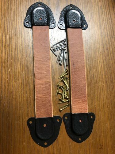 Antique Trunk Handles-2 leather straps,4 trunk hardware black metal caps-nails-A - Picture 1 of 5
