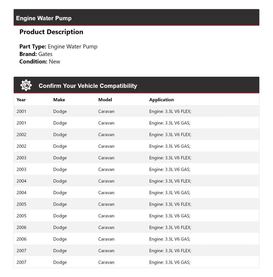 Para Dodge Caravan 2001-2007 motor bomba de agua puertas 2002 2003 2004 2005 2006 Foto 2 de 4