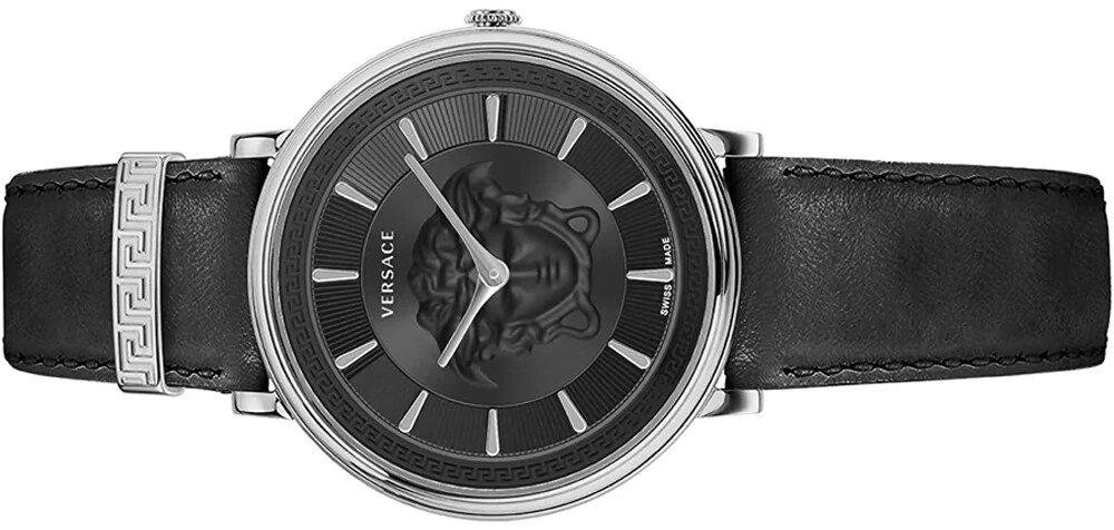 Versace VE8102619 V Circle Lady argento nero pelle orologio da polso donna NUOVO