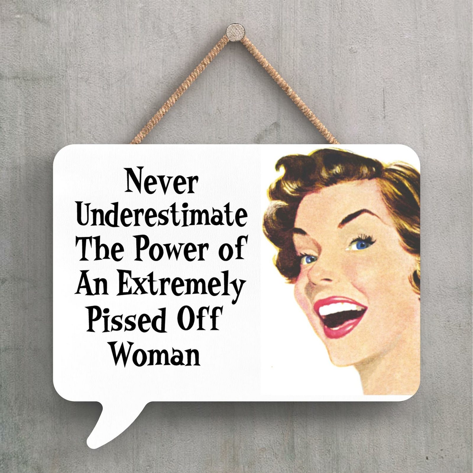 NEVER UNDERESTIMATE HUMOUROUS PIN UP THEMED SPEECH BUBBLE SHAPED PLAQUE