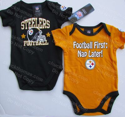 STEELERS 2 NEW Black & Gold Onesies by Gerber Football 1st Nap Later 12 & 18M