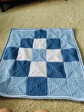 Handmade Blue And White Baby Afghan, 30 In X 30 In