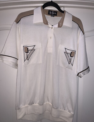 Vintage 80s Alan Stuart White Brown Geometric Short Sleeve Polo Shirt Sz L