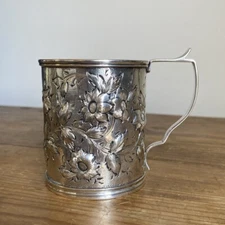 Antique 19thC S. Kirk & Son 11 oz Coin Silver Repousse Chased Flowers Cup Mug