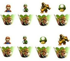 Toppers y envoltorios para cupcakes de fiesta de cumpleaños de Super Mario Bros. 24 piezas. 12 de cada uno.