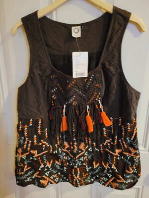 Akemi + Kin Anthropologie Brown Tank Top Crochet Fringe Embroidery Size XL NWT
