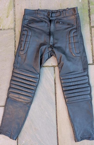 J&S Real Leather Motorcycle Trousers Size W36 L31 Black Heavy Duty Vintage 90s
