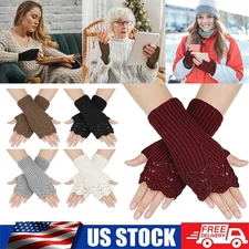 Womens Winter Warm Knit Fingerless Gloves Hand Crochet Thumbhole Arm Warmers USA