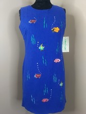 Ultra Dress Blue Multicolored Embroidery Fish Thene Linen Blend Dress Size 10P