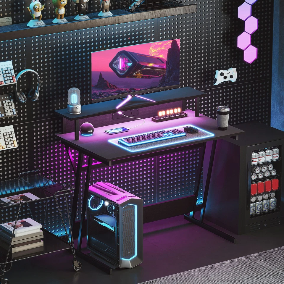 HOMCOM LED Gaming Desk with Power Outlets and Monitor Stand 100 x 60cm Black - Image 2 of 4